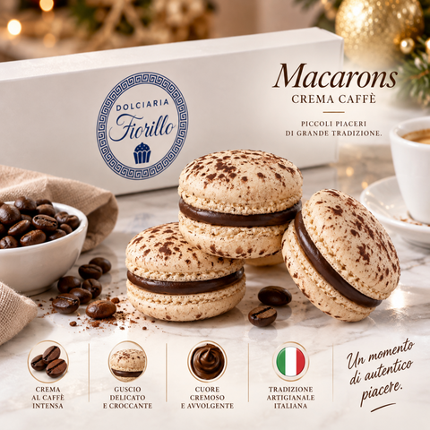 Macarons alla crema caffe Dolciaria Fiorillo con guscio delicato, cuore cremoso e presentazione artigianale.