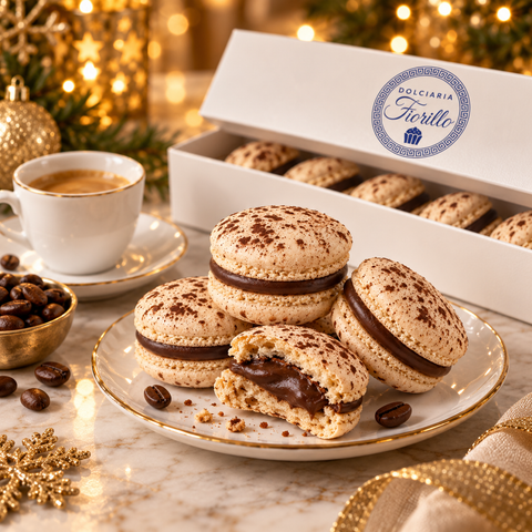 Macarons alla crema caffe serviti con espresso e confezione Dolciaria Fiorillo in atmosfera natalizia.