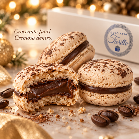  Macro dei macarons alla crema caffe Dolciaria Fiorillo con guscio croccante e ripieno cremoso.