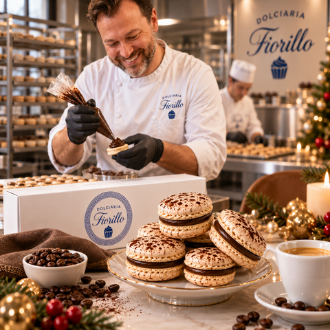 Pasticcere Dolciaria Fiorillo prepara macarons alla crema caffe in laboratorio con servizio premium in primo piano.