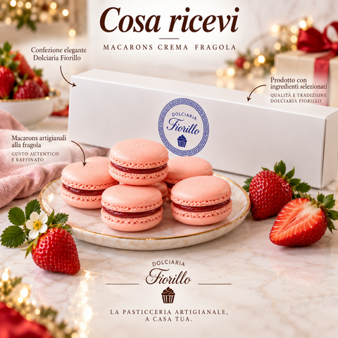 Macarons alla fragola Dolciaria Fiorillo con confezione elegante e presentazione dei principali elementi distintivi del prodotto.
