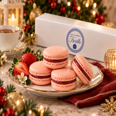 Macarons alla fragola serviti su piatto elegante con confezione Dolciaria Fiorillo e atmosfera natalizia.