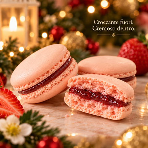 Primo piano di macaron alla fragola aperto con guscio croccante e ripieno alla fragola ben visibile.