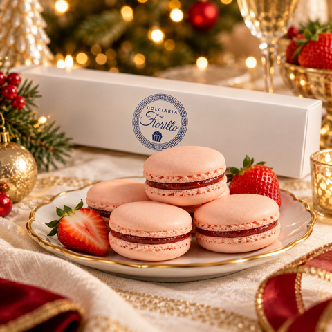 Macarons alla fragola serviti su piatto elegante con fragole fresche e confezione Dolciaria Fiorillo.
