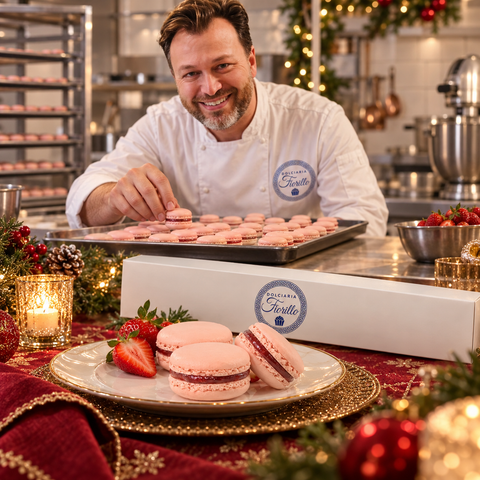Pasticcere Dolciaria Fiorillo in laboratorio con macarons alla fragola, confezione e servizio su tavola natalizia.
