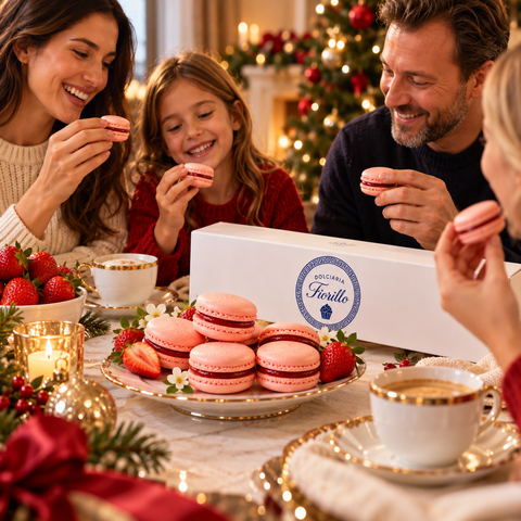 Famiglia riunita a Natale mentre condivide macarons alla fragola Dolciaria Fiorillo con confezione regalo in tavola.
