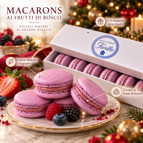 Macarons ai frutti di bosco Dolciaria Fiorillo con guscio delicato, crema ai frutti di bosco e confezione regalo.