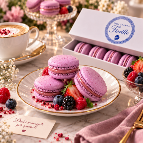 Macarons ai frutti di bosco Dolciaria Fiorillo serviti con caffè e frutti rossi per un momento di degustazione elegante.