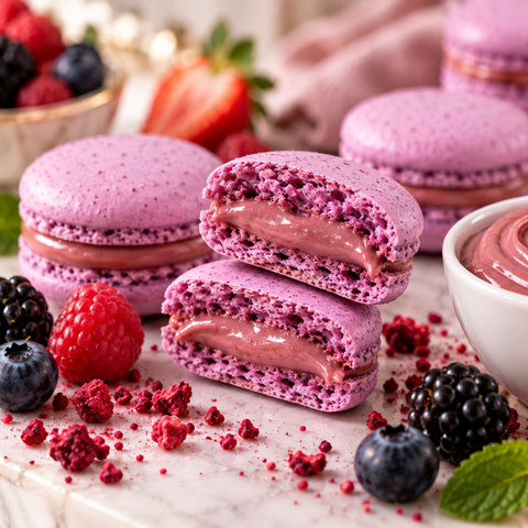 Dettaglio della texture dei macarons ai frutti di bosco Dolciaria Fiorillo con guscio e ripieno cremoso.