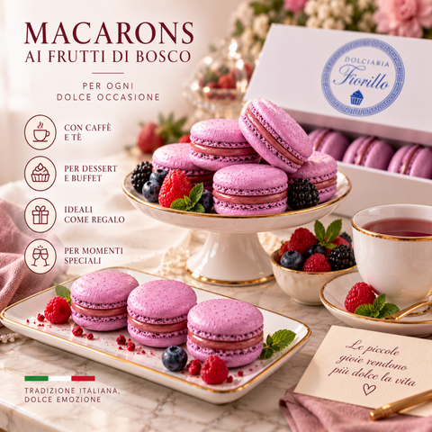 Macarons ai frutti di bosco Dolciaria Fiorillo serviti su alzatina e piatto elegante con tè e frutti rossi.