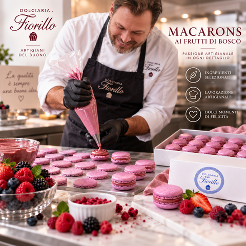 Macarons ai frutti di bosco Dolciaria Fiorillo preparati in laboratorio di pasticceria con confezione premium.