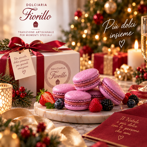 Macarons ai frutti di bosco Dolciaria Fiorillo in una raffinata atmosfera natalizia con confezione regalo e frutti rossi.
