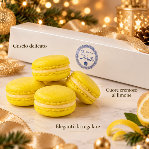 Macarons al limone Dolciaria Fiorillo con guscio delicato, cuore cremoso al limone e confezione elegante da regalo.