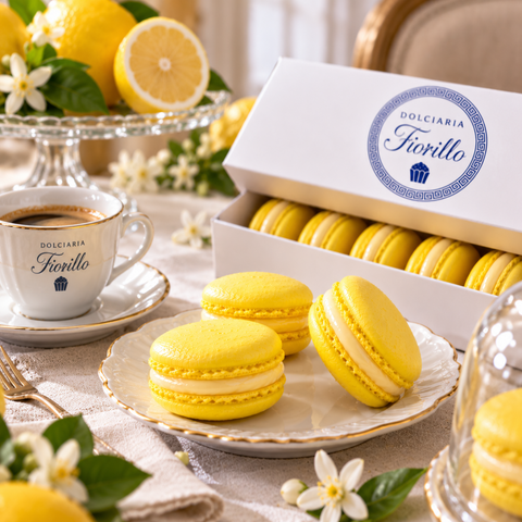 Macarons al limone Dolciaria Fiorillo serviti con caffe su una tavola elegante, ideali per una pausa dolce o un momento speciale.