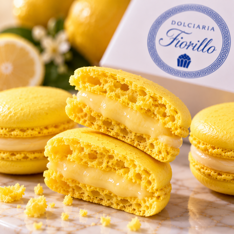 Dettaglio ravvicinato di macaron al limone Dolciaria Fiorillo aperto, con guscio friabile e crema al limone visibile.