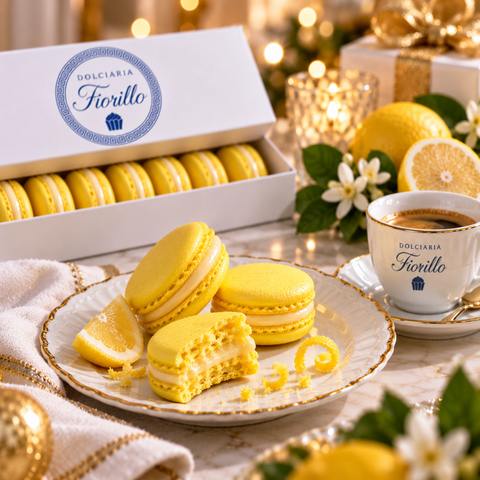 Macarons al limone Dolciaria Fiorillo serviti su piatto elegante con caffe, limone fresco e atmosfera natalizia raffinata.
