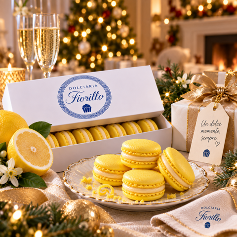 Macarons al limone Dolciaria Fiorillo con confezione regalo su tavola natalizia elegante, tra luci calde e decorazioni festive.