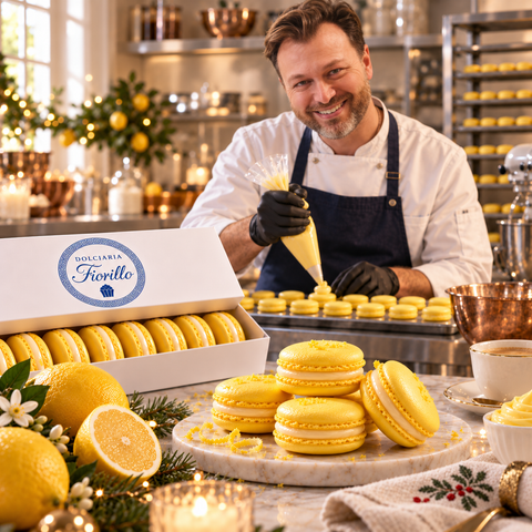 Pasticcere al lavoro in laboratorio mentre farcisce macarons al limone Dolciaria Fiorillo, con confezione e prodotto in primo piano.
