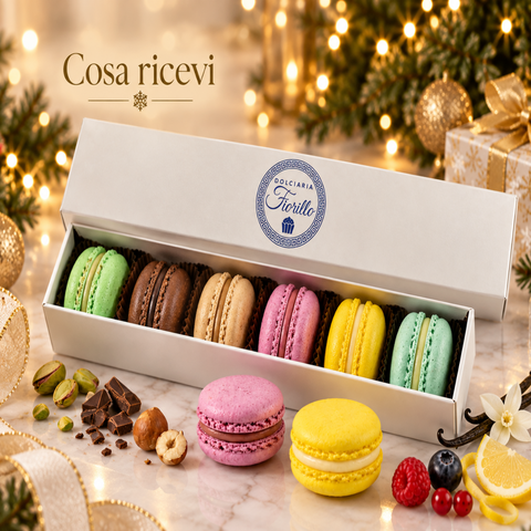 Confezione mista Dolciaria Fiorillo aperta con sei macarons assortiti nei gusti pistacchio, fondente, nocciolata, frutti di bosco, limone e vaniglia.

