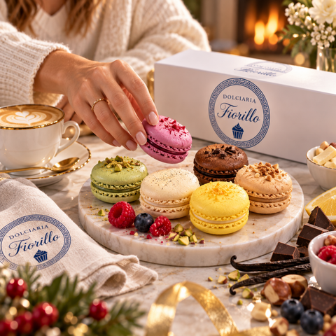 Selezione di macarons misti Dolciaria Fiorillo serviti con caffè in un momento di degustazione natalizio elegante e conviviale.