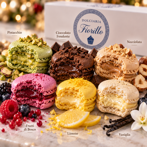 Primo piano dei sei gusti di macarons Dolciaria Fiorillo aperti per mostrare guscio e ripieno: pistacchio, fondente, nocciolata, frutti di bosco, limone e vaniglia.
