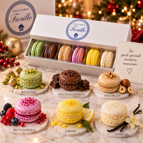 Confezione mista Dolciaria Fiorillo con i sei gusti di macarons presentati singolarmente: pistacchio, cioccolato fondente, nocciolata, frutti di bosco, limone e vaniglia.