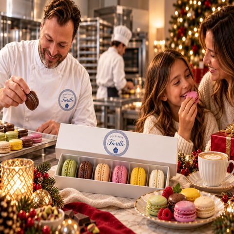 Macarons misti Dolciaria Fiorillo dal laboratorio alla tavola di casa, con pasticcere al lavoro, confezione assortita e momento di degustazione natalizio.

