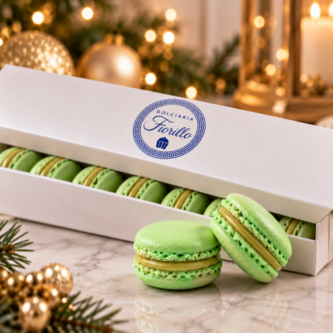 Macarons al pistacchio Dolciaria Fiorillo con confezione bianca originale in atmosfera natalizia premium.
