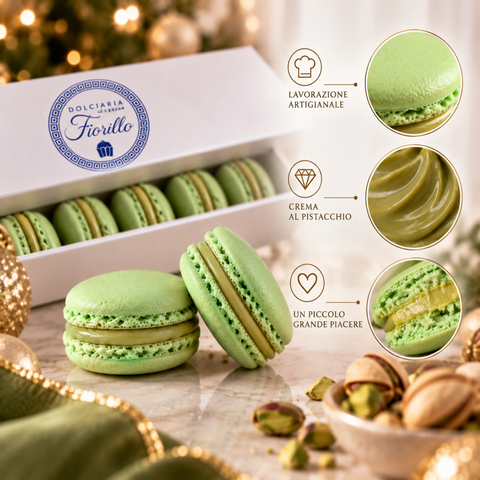 Macarons al pistacchio Dolciaria Fiorillo con dettaglio del guscio delicato e del ripieno, presentati con la confezione originale.

