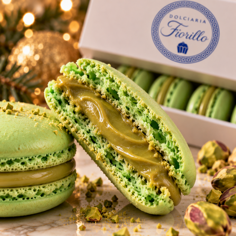 Primo piano della texture dei macarons al pistacchio Dolciaria Fiorillo con dettaglio del guscio e del ripieno.
