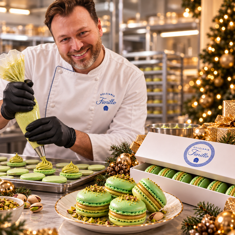 Pasticcere Dolciaria Fiorillo prepara macarons al pistacchio in laboratorio con confezione originale e macarons serviti in primo piano.