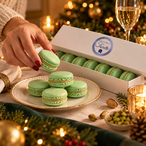 Macarons al pistacchio Dolciaria Fiorillo in una scena lifestyle natalizia con confezione originale e momento di condivisione.