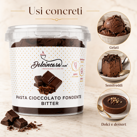 Pasta Cioccolato Fondente Bitter Dolcincasa con usi concreti per gelati, semifreddi, dolci e dessert.
