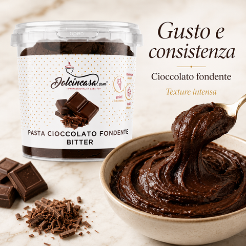 Pasta Cioccolato Fondente Bitter Dolcincasa con focus su gusto, consistenza e texture intensa al cioccolato fondente