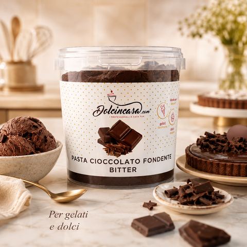 Pasta Cioccolato Fondente Bitter Dolcincasa in scena lifestyle premium con dolci e preparazioni al cioccolato.