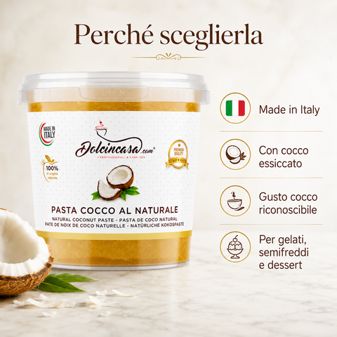 Pasta Cocco al Naturale Dolcincasa con benefici principali: Made in Italy, cocco essiccato, gusto cocco riconoscibile, ideale per gelati, semifreddi e dessert.
