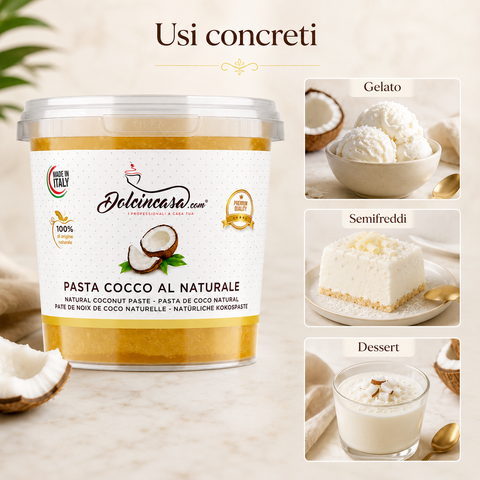 Pasta Cocco al Naturale Dolcincasa con usi concreti per gelato, semifreddi e dessert al cocco.
