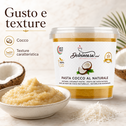 Pasta Cocco al Naturale Dolcincasa con focus su gusto e texture caratteristica del cocco essiccato.