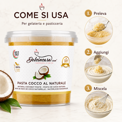 Pasta Cocco al Naturale Dolcincasa con istruzioni d’uso in tre passaggi: preleva, aggiungi e miscela.
