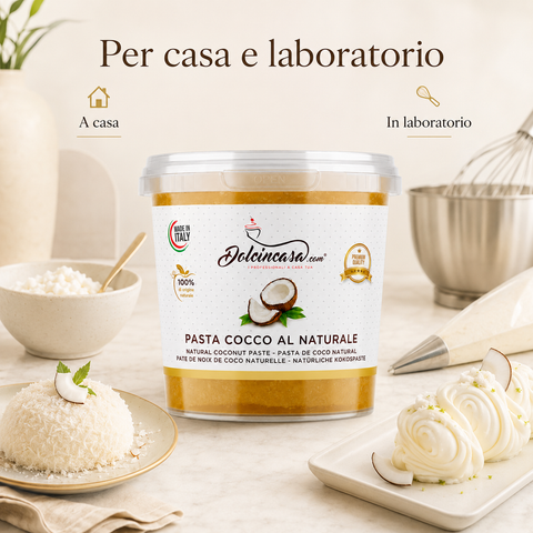 Pasta Cocco al Naturale Dolcincasa per uso in casa e in laboratorio, ideale per preparazioni di gelateria e pasticceria.
