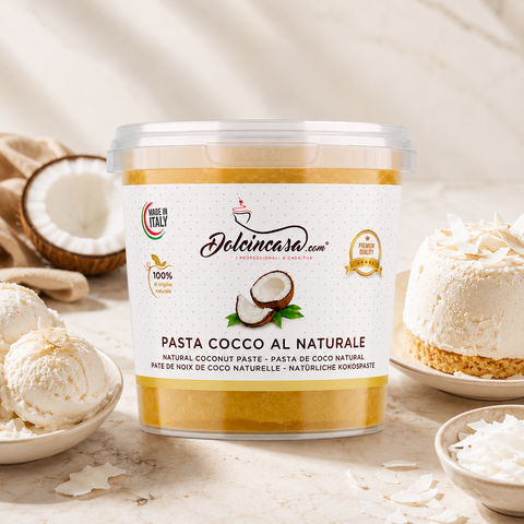 Pasta Cocco al Naturale Dolcincasa in scena lifestyle premium con dessert e preparazioni al cocco.