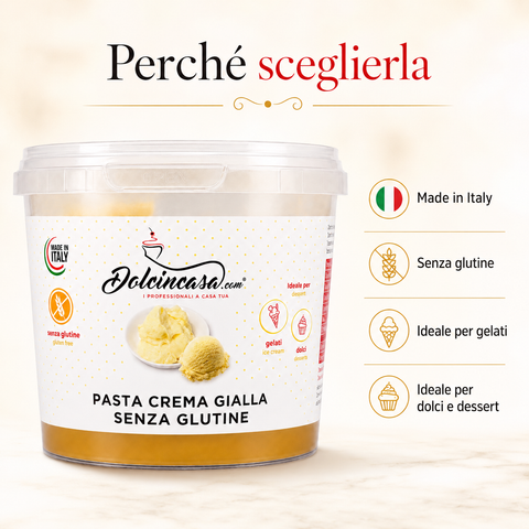Pasta Crema Gialla Senza Glutine Dolcincasa, prodotto Made in Italy ideale per gelati, dolci e dessert.
