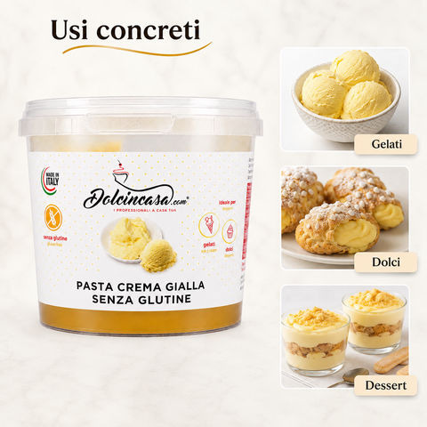 Pasta Crema Gialla Senza Glutine Dolcincasa per gelati, dolci e dessert al cucchiaio.
