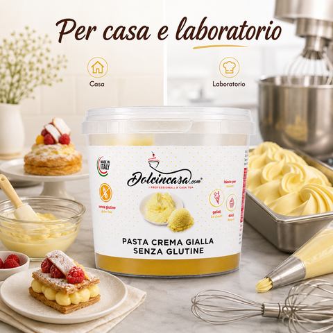 Pasta Crema Gialla Senza Glutine Dolcincasa per uso in casa e in laboratorio di gelateria e pasticceria.
