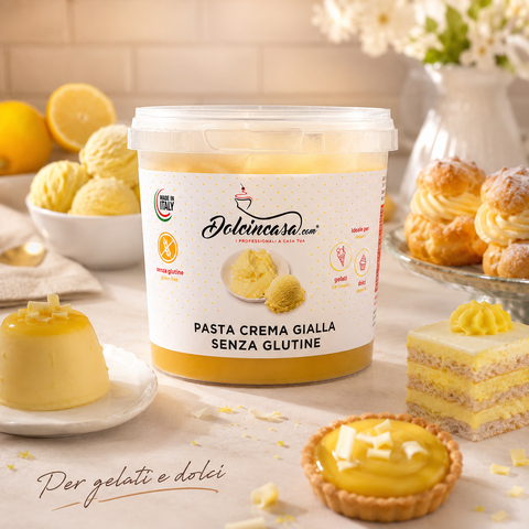 Pasta Crema Gialla Senza Glutine Dolcincasa in scena lifestyle con gelati, dolci e dessert.
