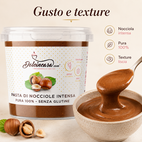 Pasta di Nocciole Intensa Dolcincasa con focus su gusto e texture, consistenza liscia e cremosa al cucchiaio.