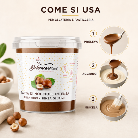 Come usare la Pasta di Nocciole Intensa Dolcincasa: preleva, aggiungi e miscela per gelateria e pasticceria.