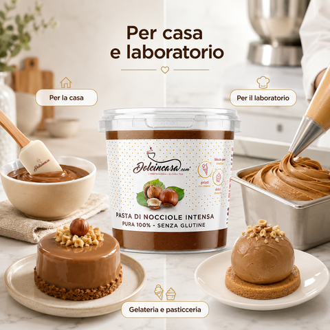 Pasta di Nocciole Intensa Dolcincasa per casa e laboratorio, ideale per preparazioni di gelateria e pasticceria.