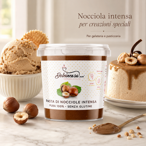 Pasta di Nocciole Intensa Dolcincasa in scena lifestyle premium con gelato, dessert e nocciole.