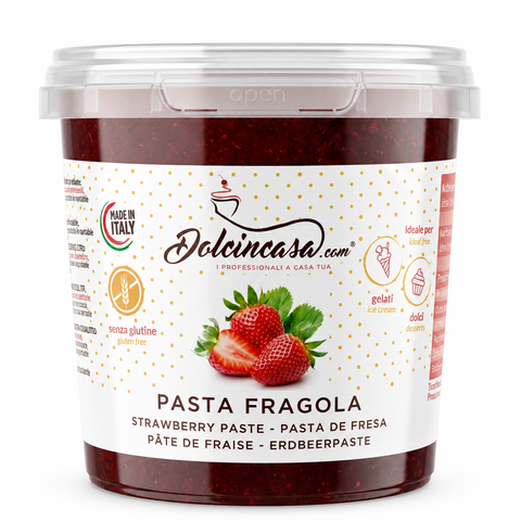Pasta Fragola Dolcincasa in confezione professionale, immagine hero prodotto su sfondo bianco per gelati e dolci.
